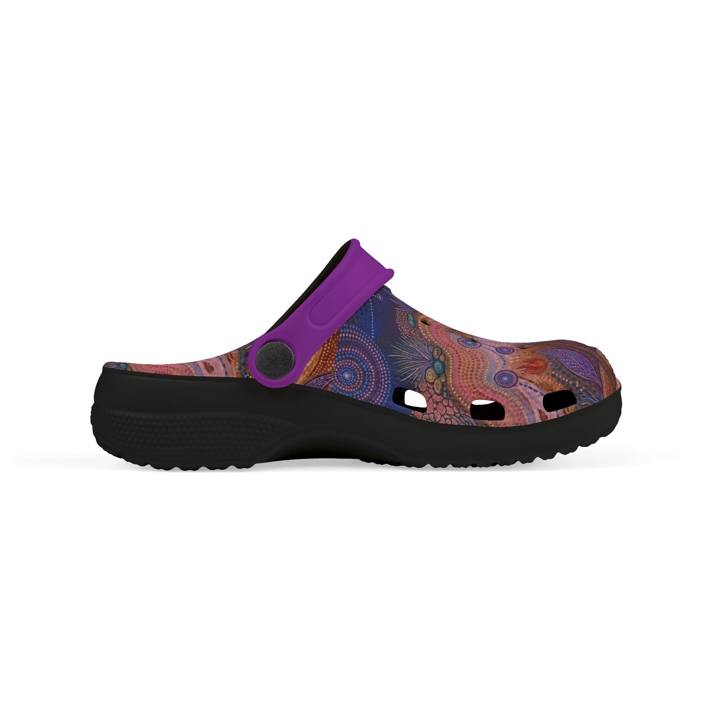 Patterned slip-on clog with purple strap and dark tread sole