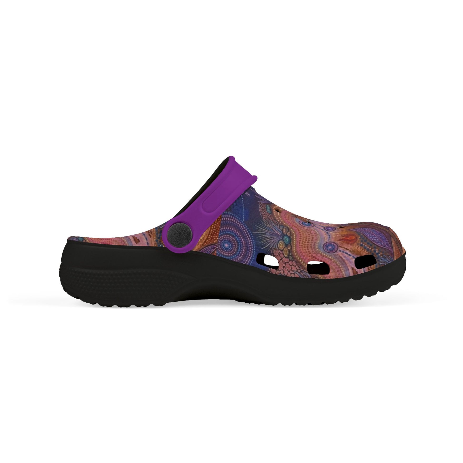 Patterned slip-on clog with purple strap and dark tread sole