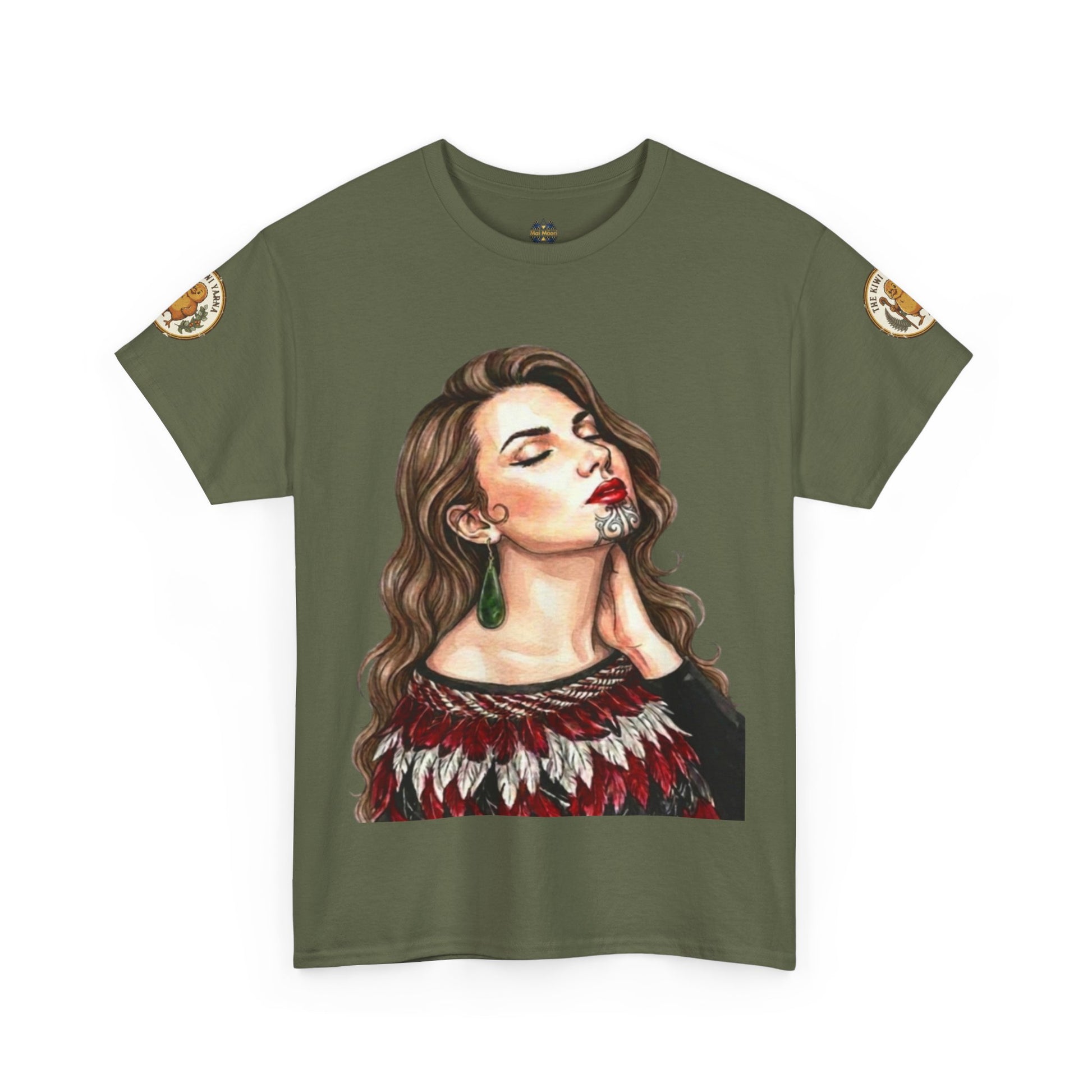 Olive green T-shirt with portrait graphic and gold sleeve patch details.