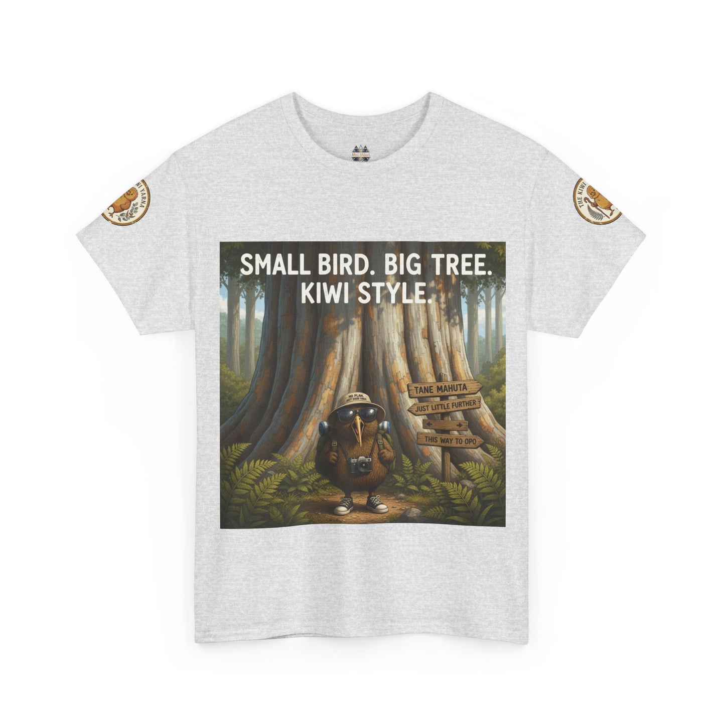 Light gray crewneck T-shirt with front graphic of kiwi in forest and logo sleeve patches