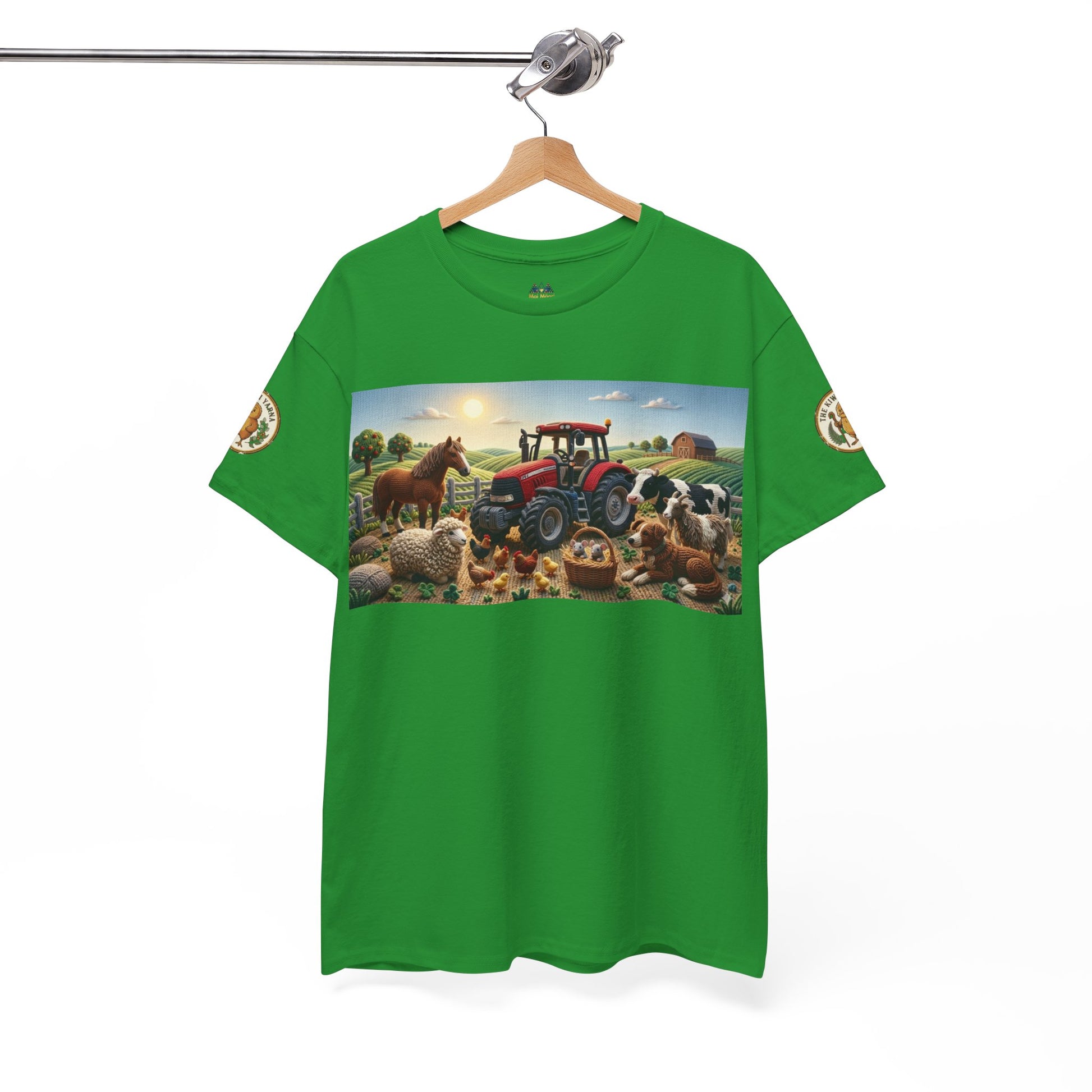 Green crewneck T-shirt with farm tractor scene print and round sleeve patches