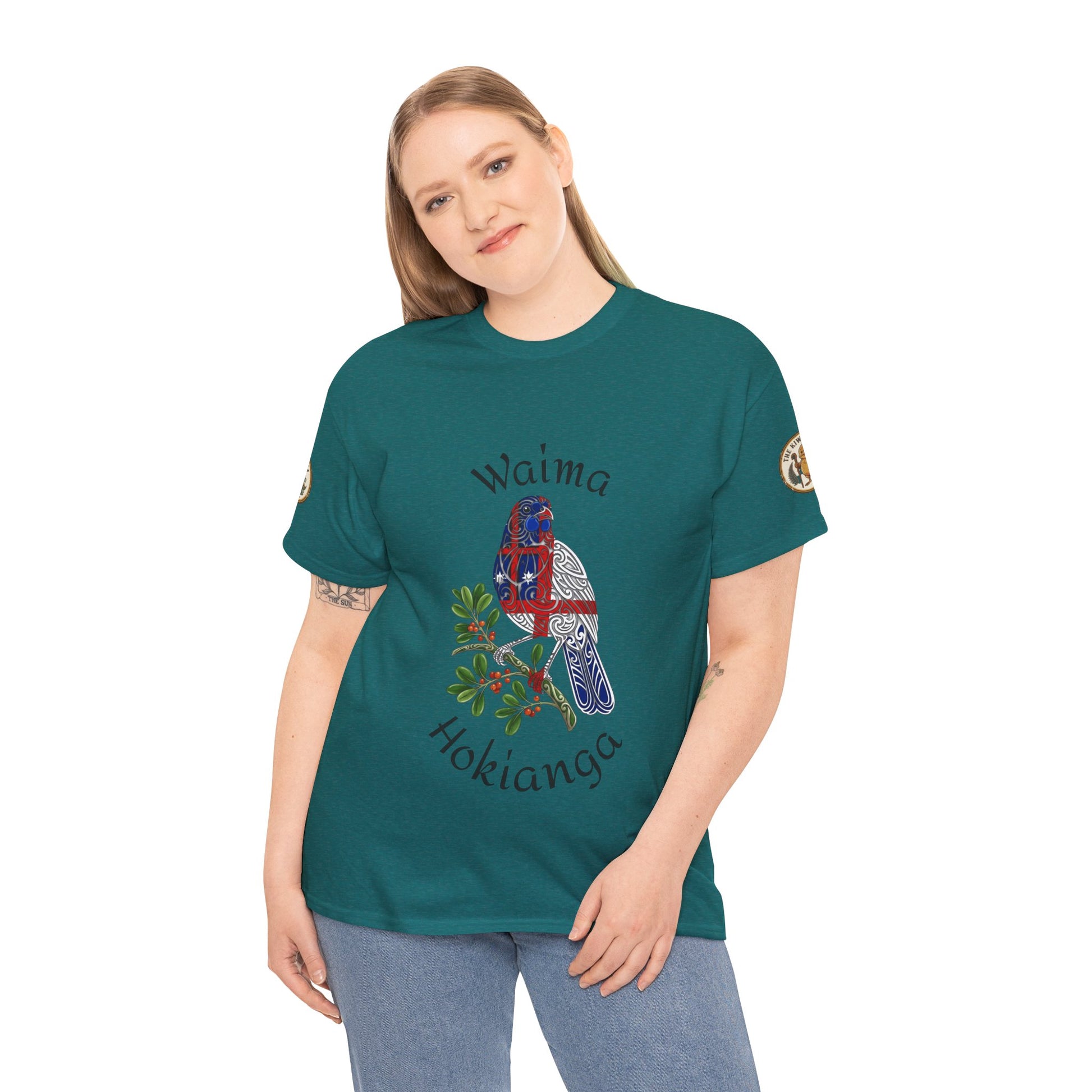 Teal short-sleeve T-shirt with Waima Hokianga graphic on the front