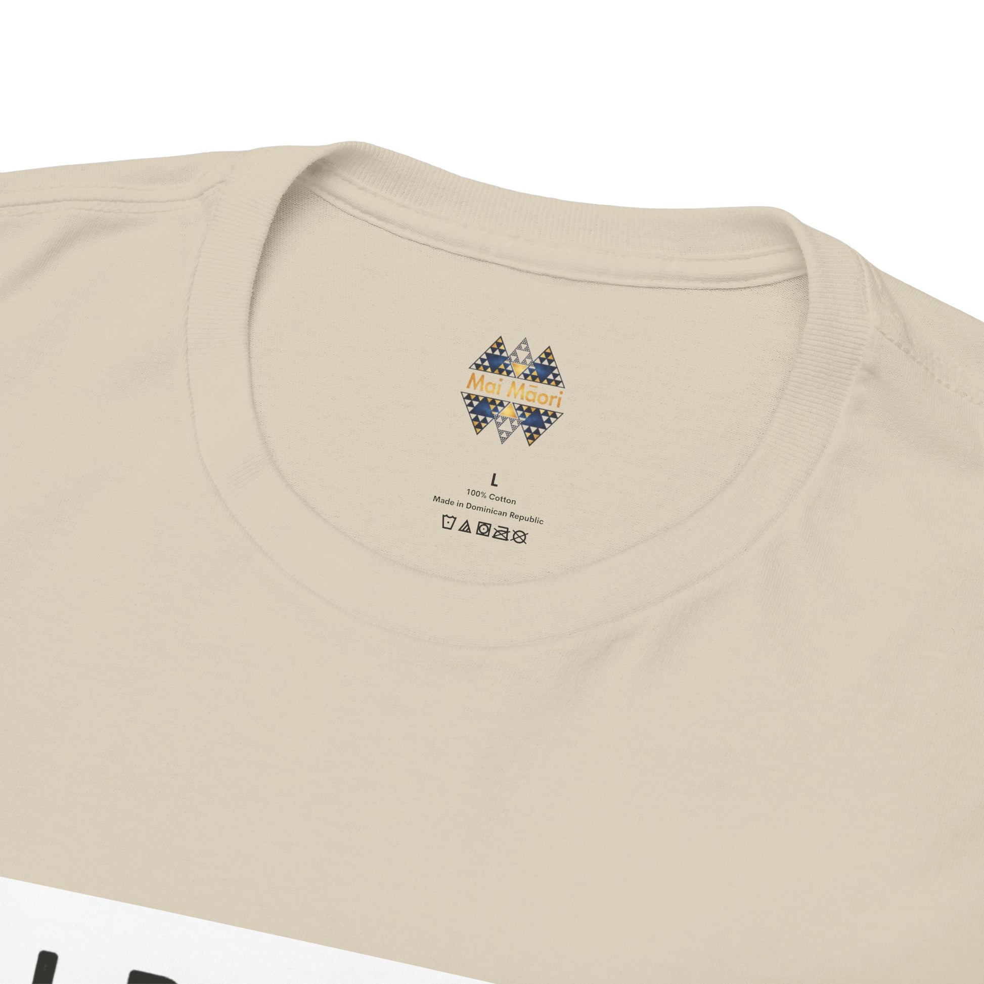Beige T-shirt back neck logo star emblem with small text below