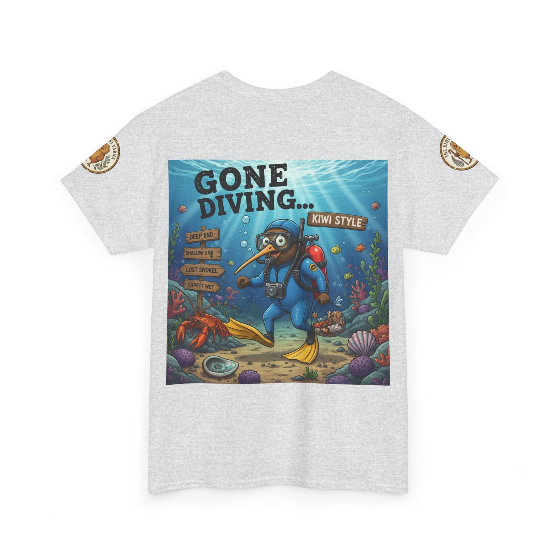 Kids' light gray graphic T-shirt with diver front print and circular sleeve patches.