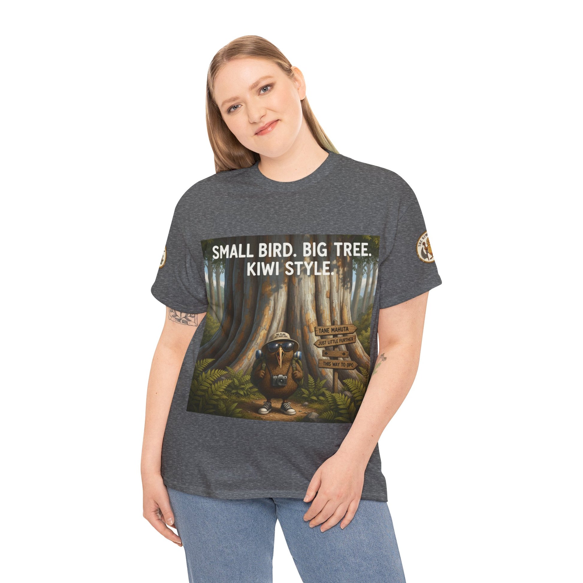 Dark gray kids graphic T-shirt on model, front forest scene print