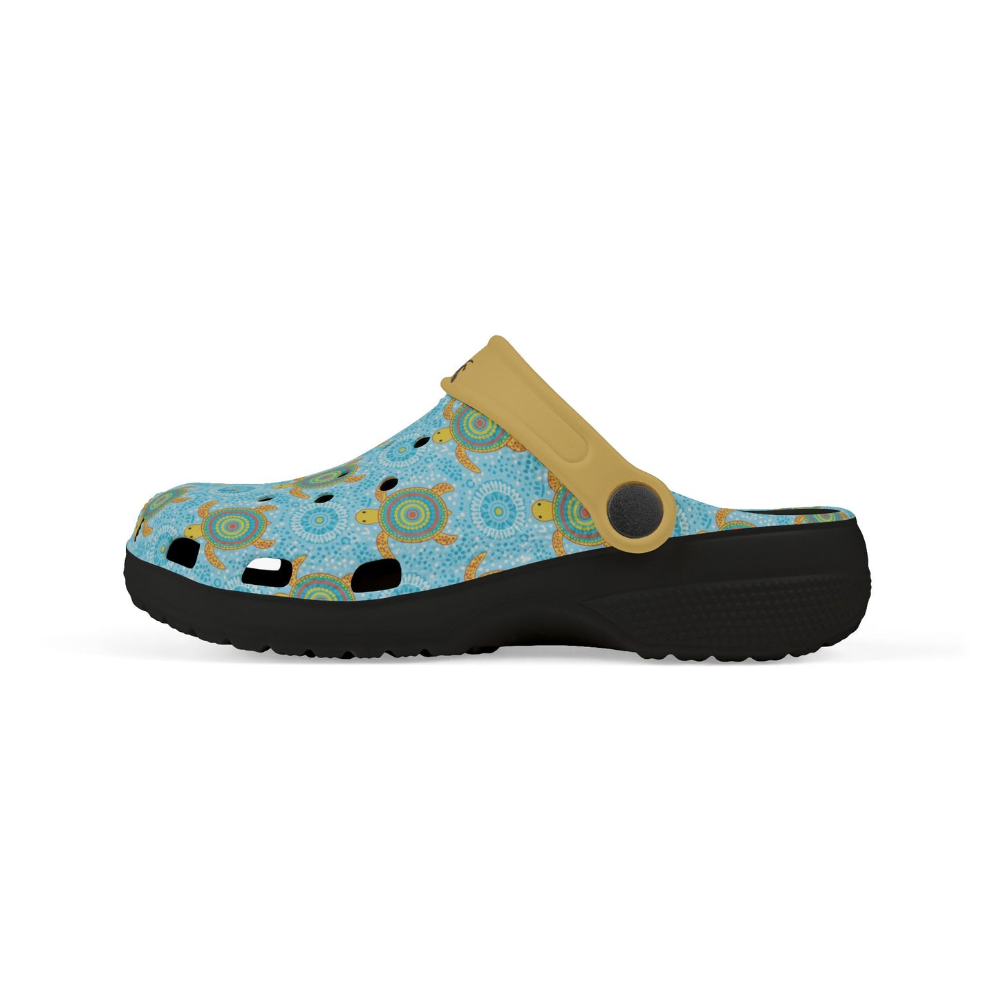Low-profile blue patterned clog with tan heel strap ring and black outsole