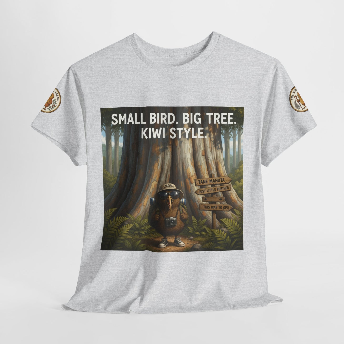 Heather gray T-shirt with centered square front print featuring forest trees and character