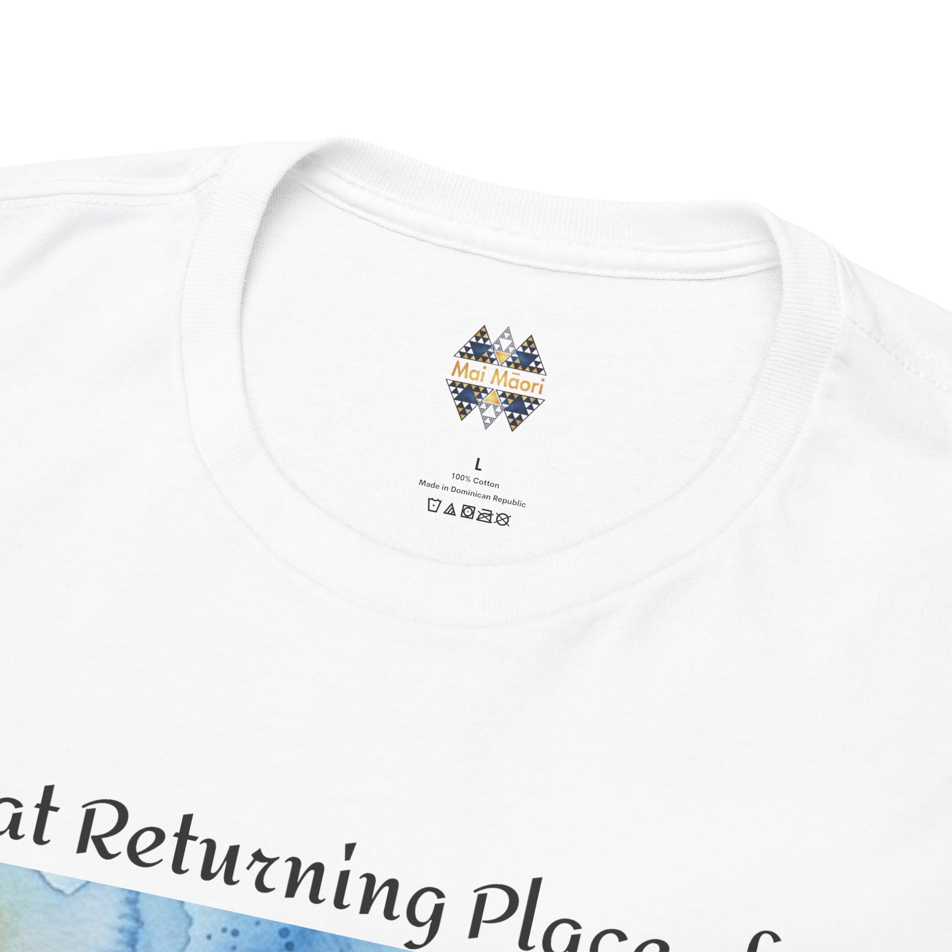 White crew-neck T-shirt close-up of small back-collar emblem and printed text