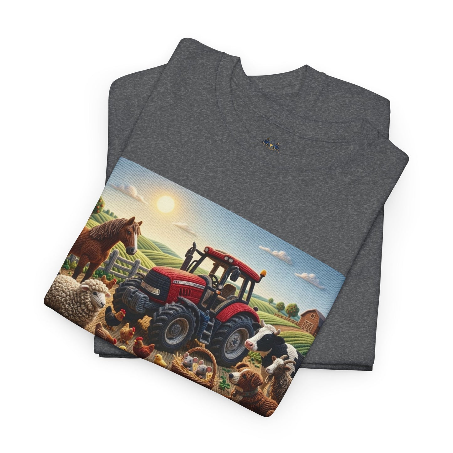 Dark heather gray T-shirt with farm tractor scene graphic, crew neckline