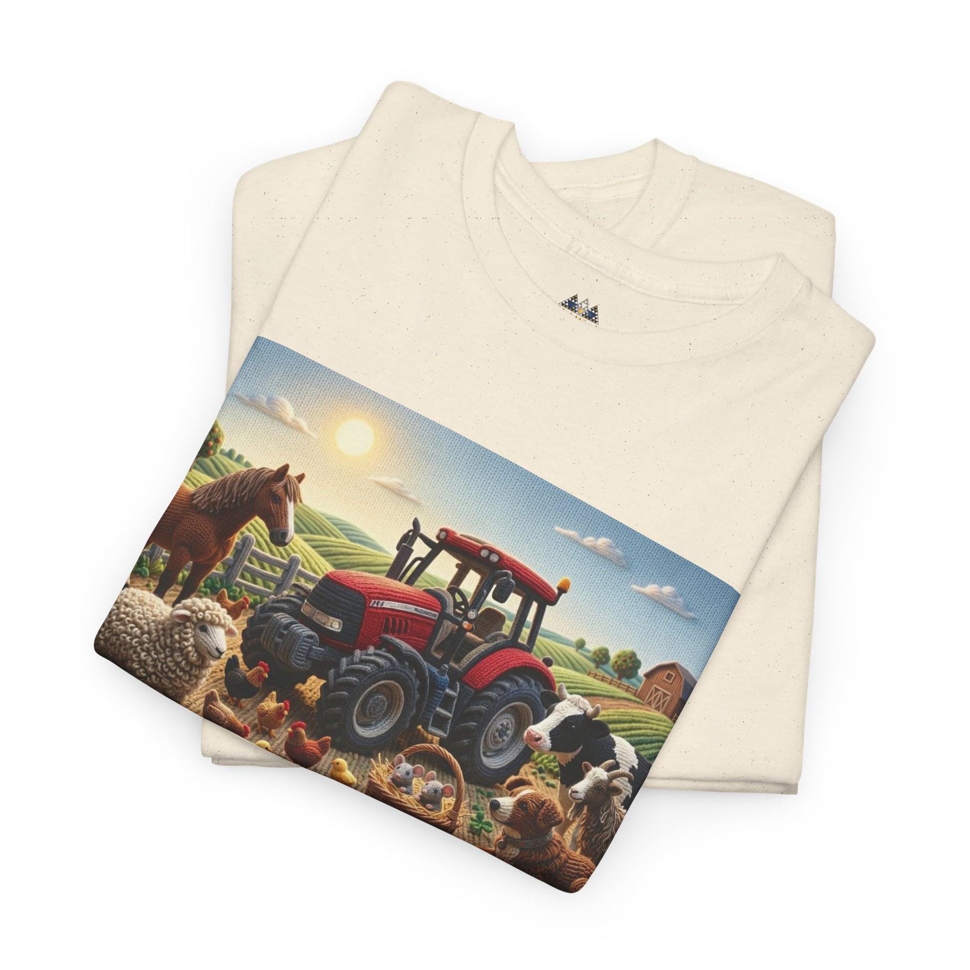 Cream graphic T-shirt set, folded view with farm scene chest print