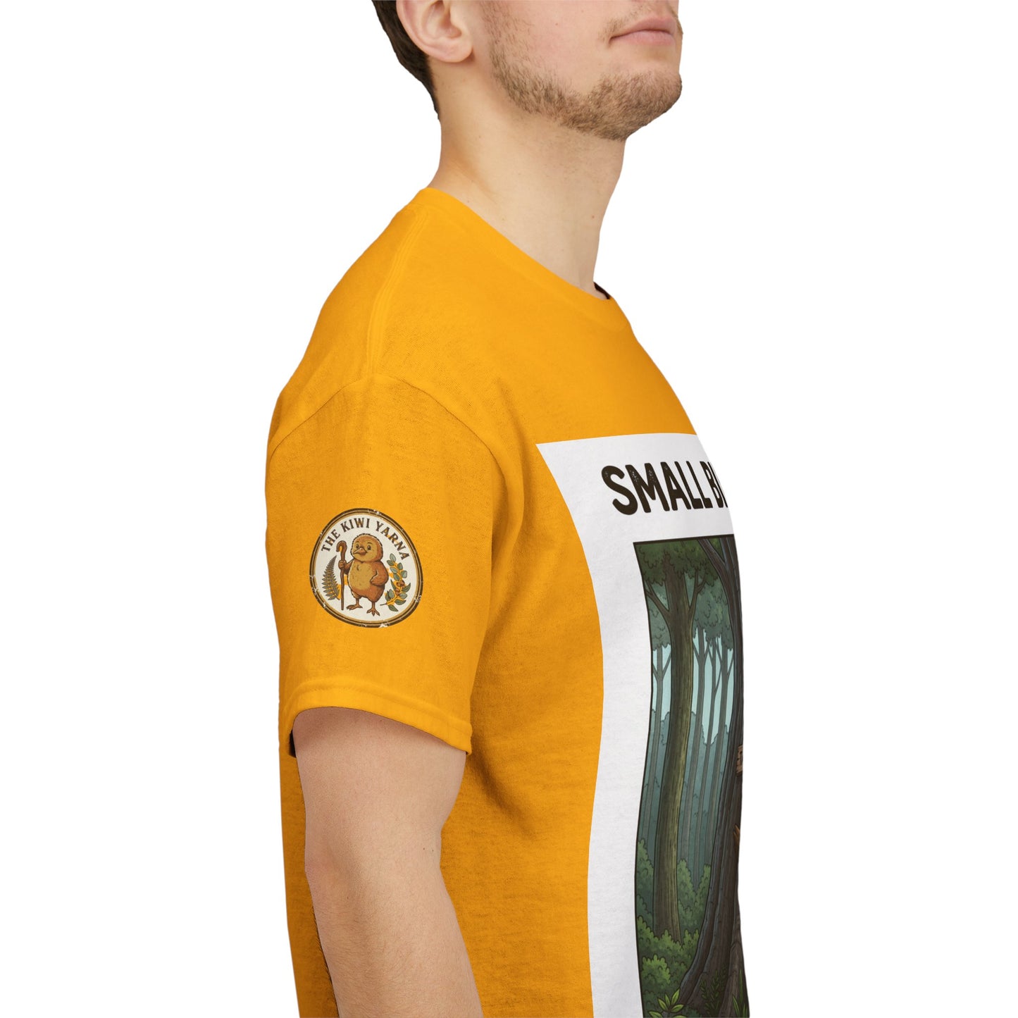 Mustard yellow graphic crewneck T-shirt with round emblem on sleeve and side print