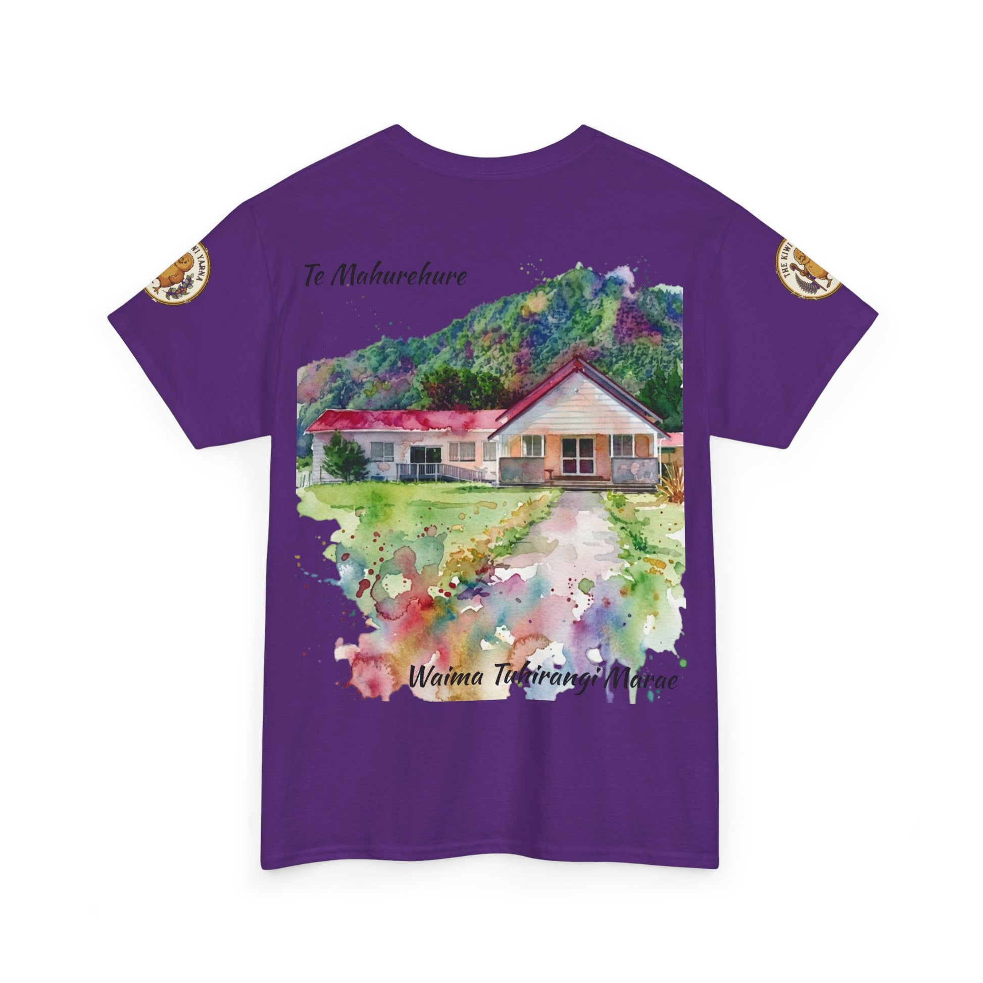 Purple graphic T-shirt with watercolor house scene and sleeve emblem patches