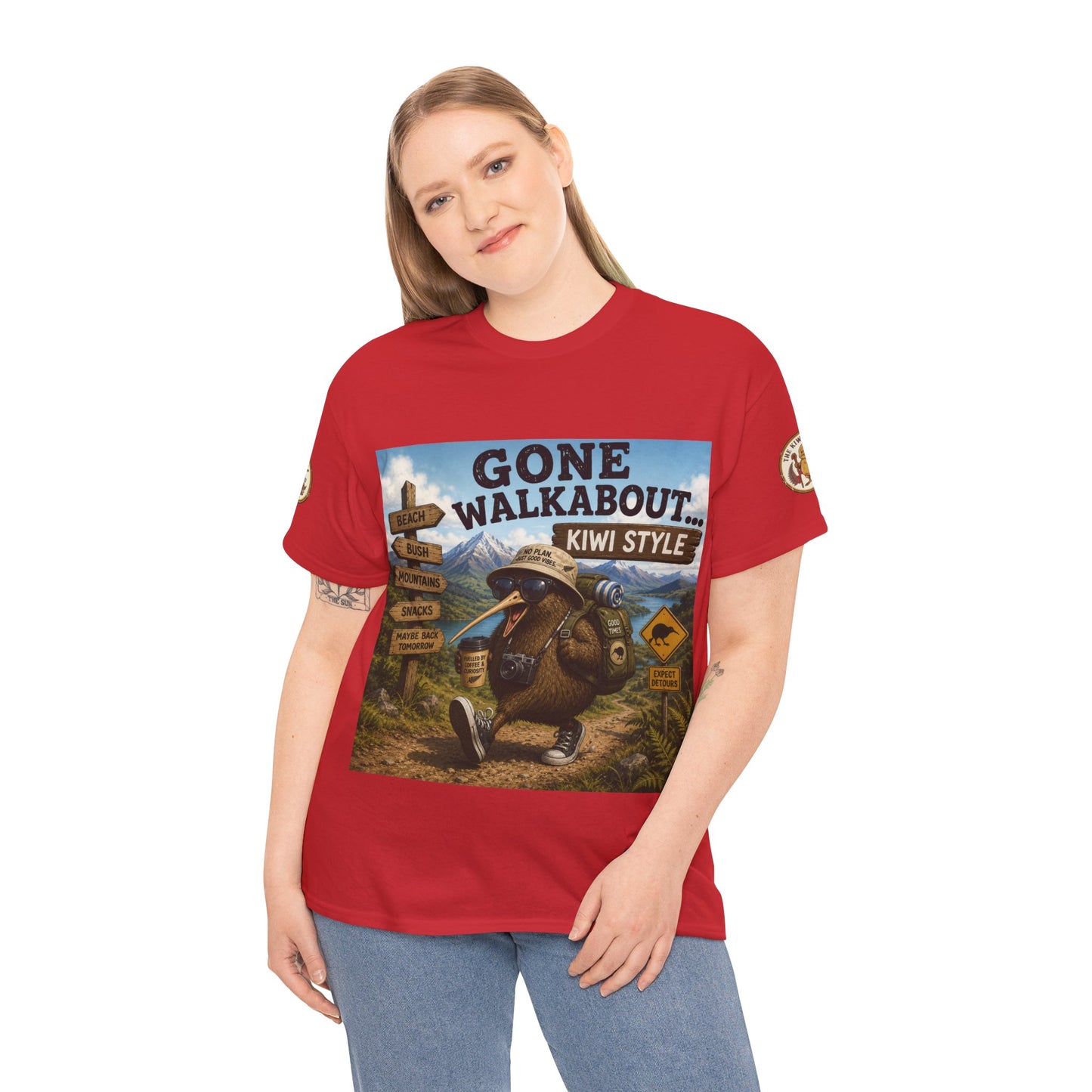 Red graphic T-shirt with Gone Walkabout Kiwi Style front design