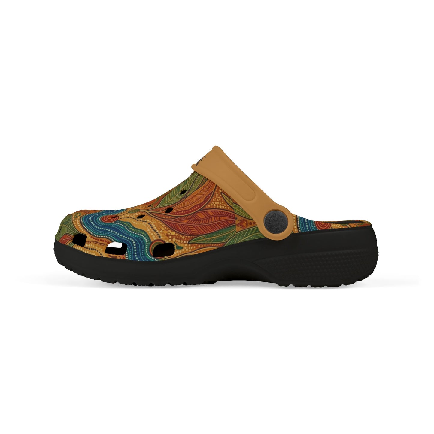 Aboriginal art slip-on clog shoe, side profile, multicolor upper and black sole