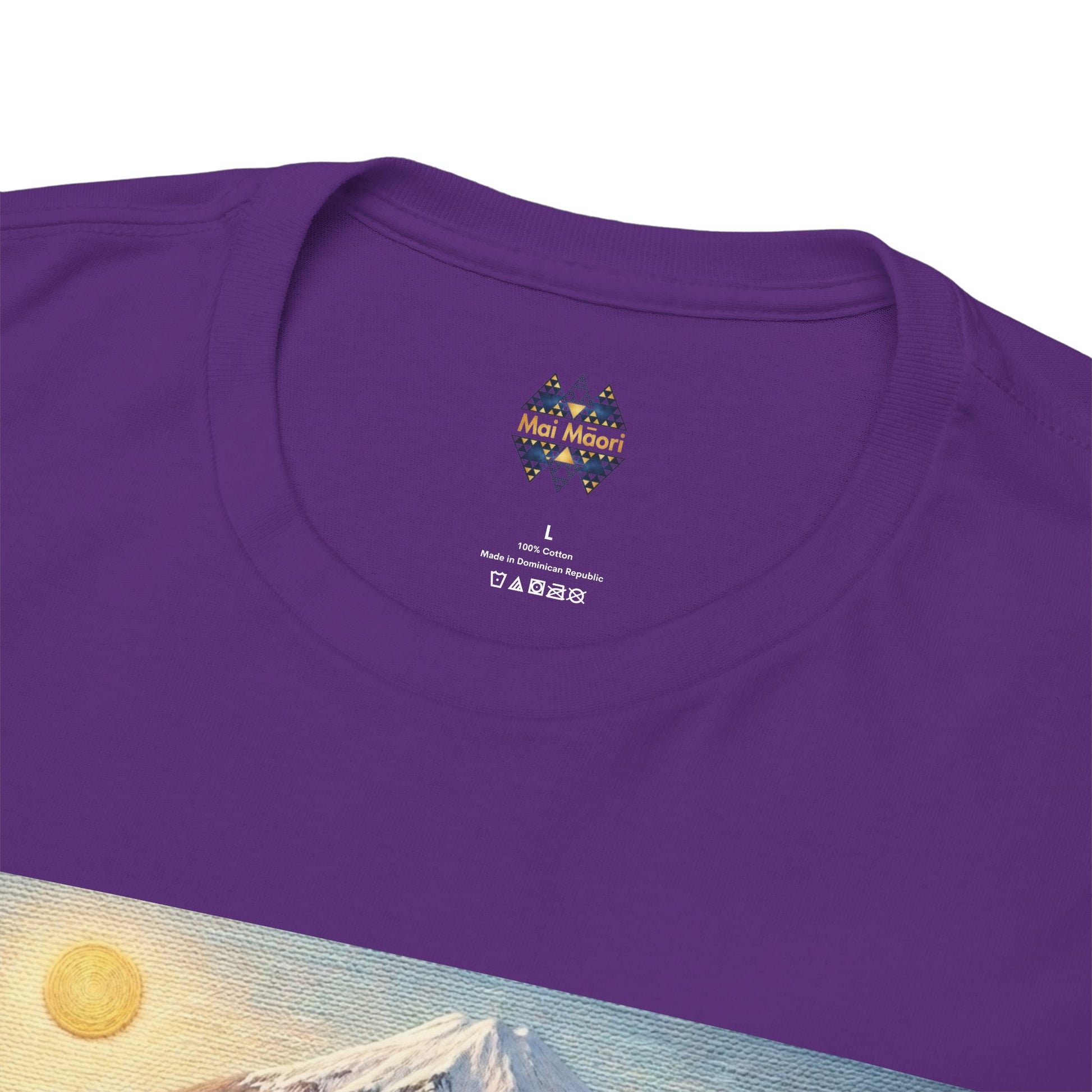 Purple T-shirt close-up: crew neck with small chest logo and printed size markings
