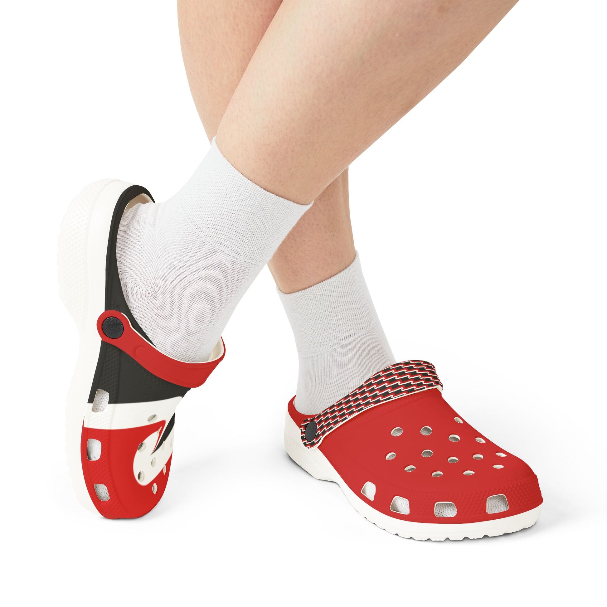 Tino clogs on feet with white socks, red/black uppers, white midsole and heel strap