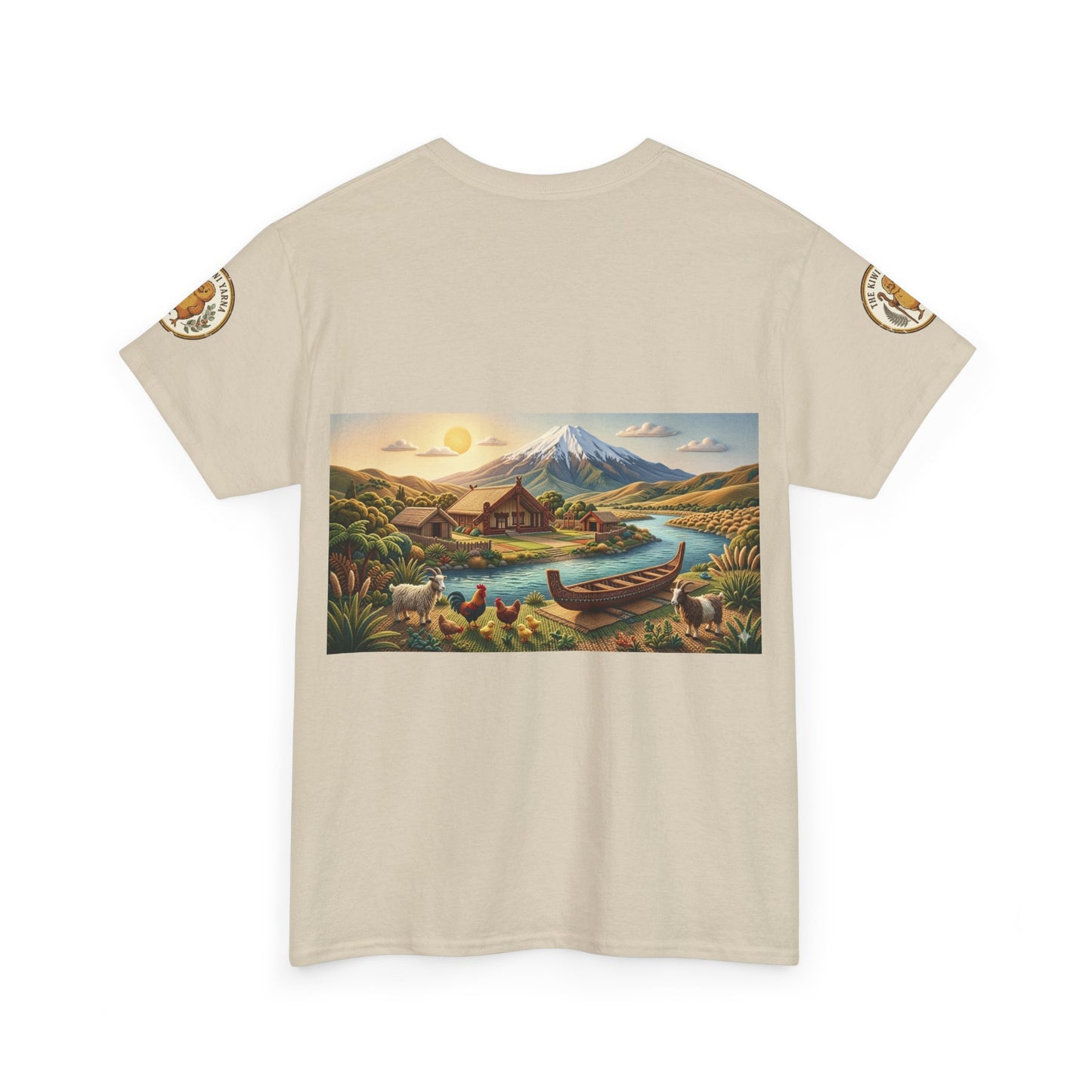 Cream graphic t-shirt with landscape print panel and circular sleeve patch on both sides