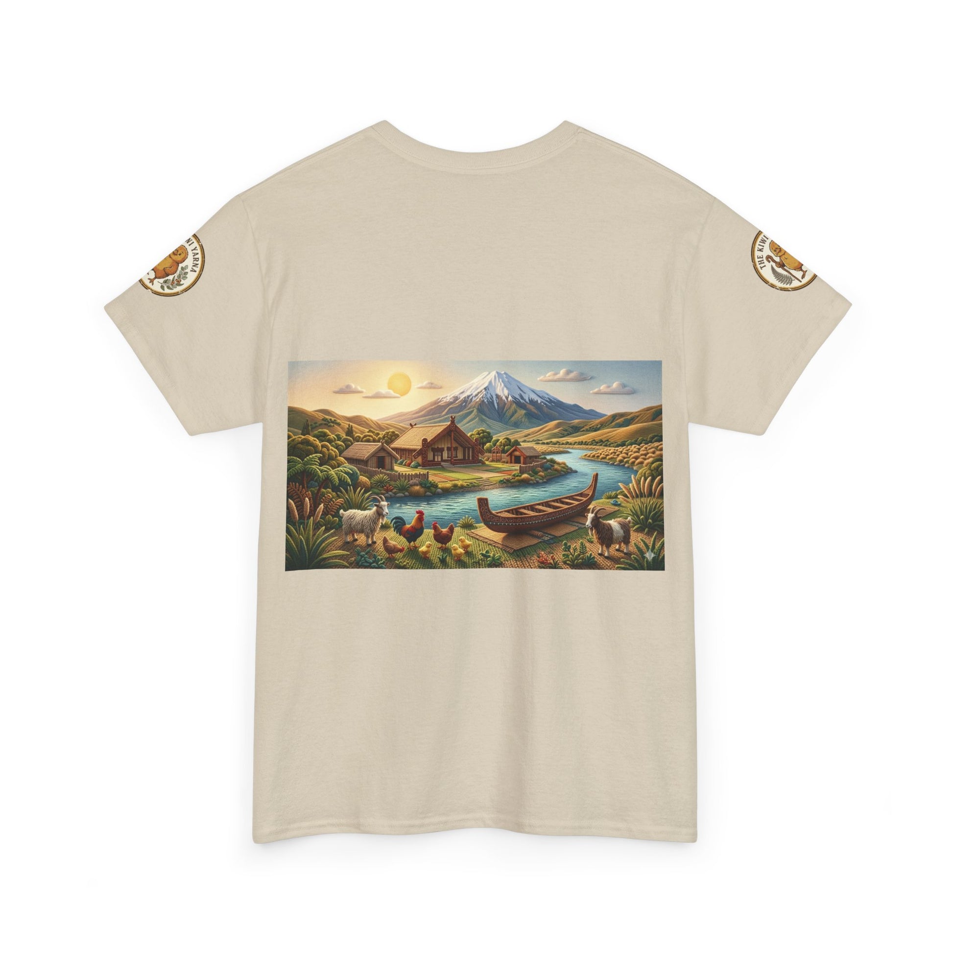 Cream graphic t-shirt with landscape print panel and circular sleeve patch on both sides