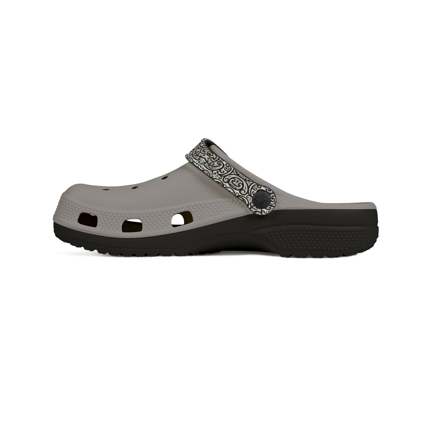 Croc-style clog with light gray footbed and black-and-white patterned side strap