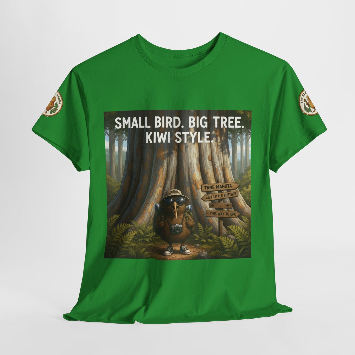 Green graphic T-shirt with front woodland box graphic and sleeve patches