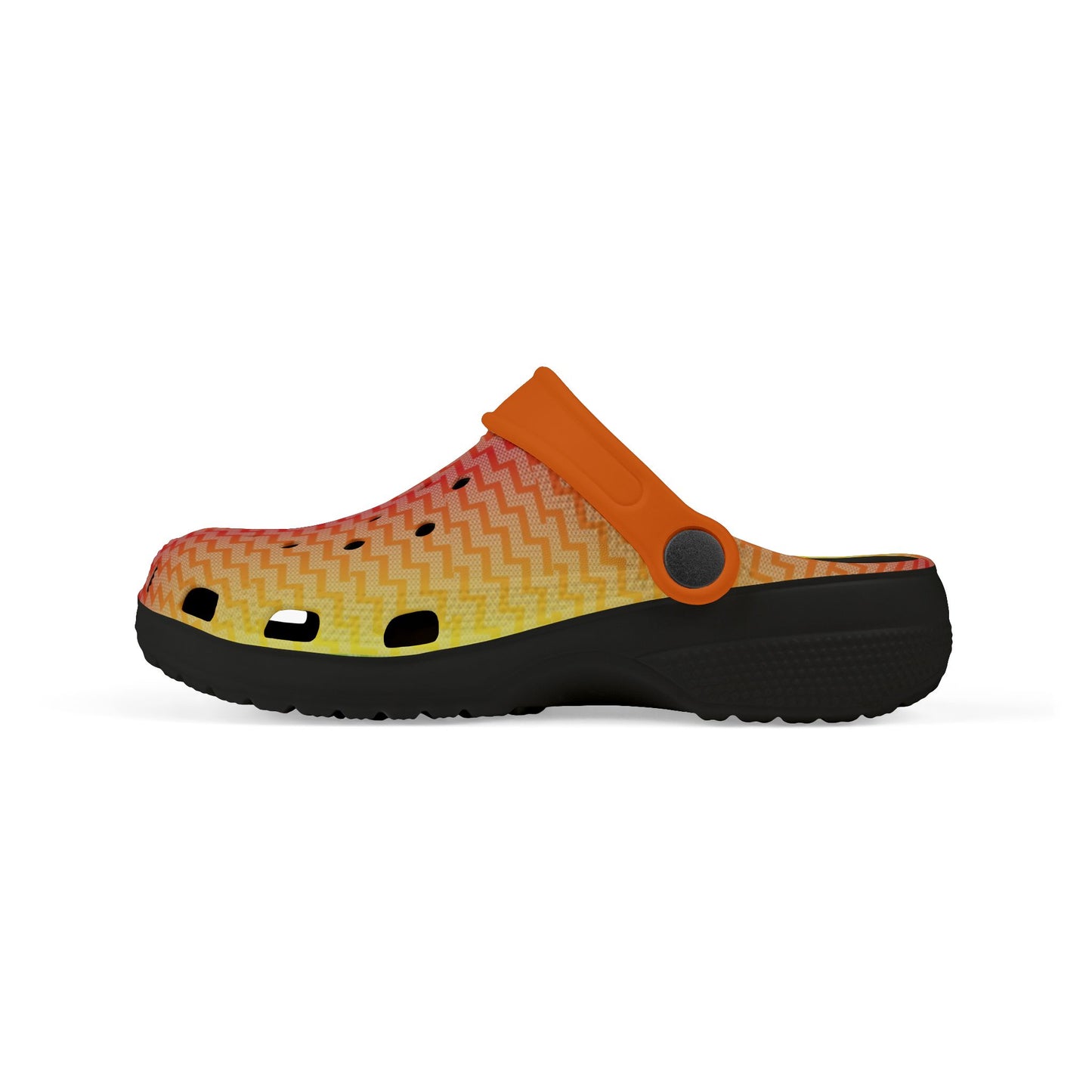 Orange and lime patterned clogs with perforations, black sole, and adjustable strap.