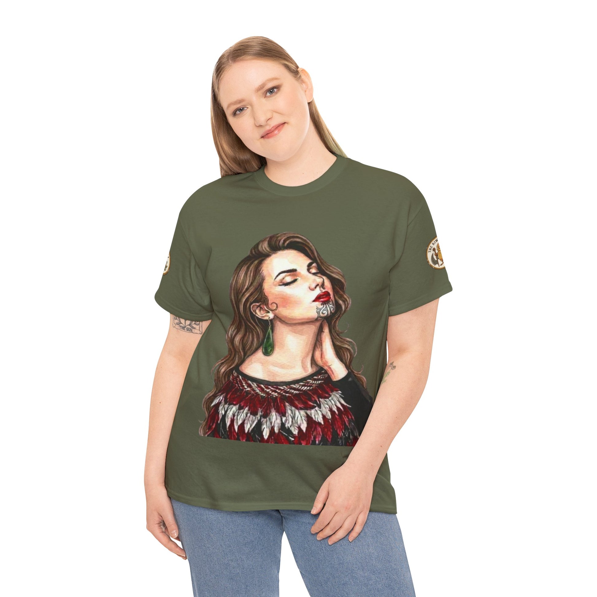 Olive green T-shirt with chest portrait graphic and circular sleeve patch