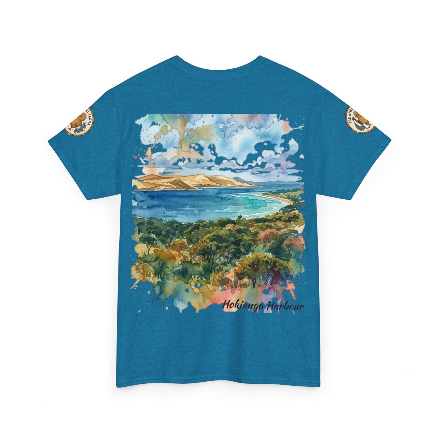 Teal unisex graphic T-shirt with large front landscape print and small round sleeve emblems