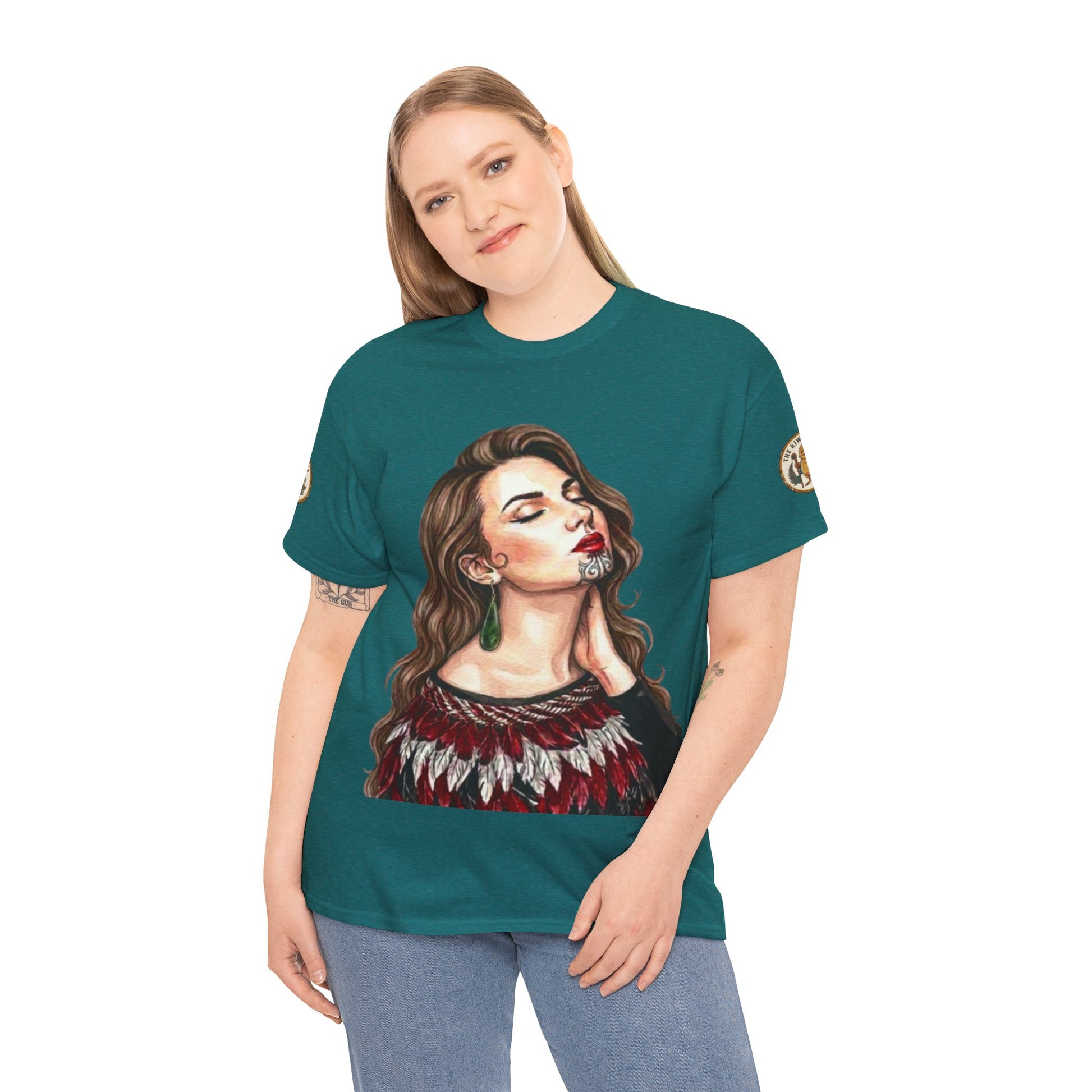Teal crew-neck graphic T-shirt with woman portrait print, short sleeves, and small shoulder logo