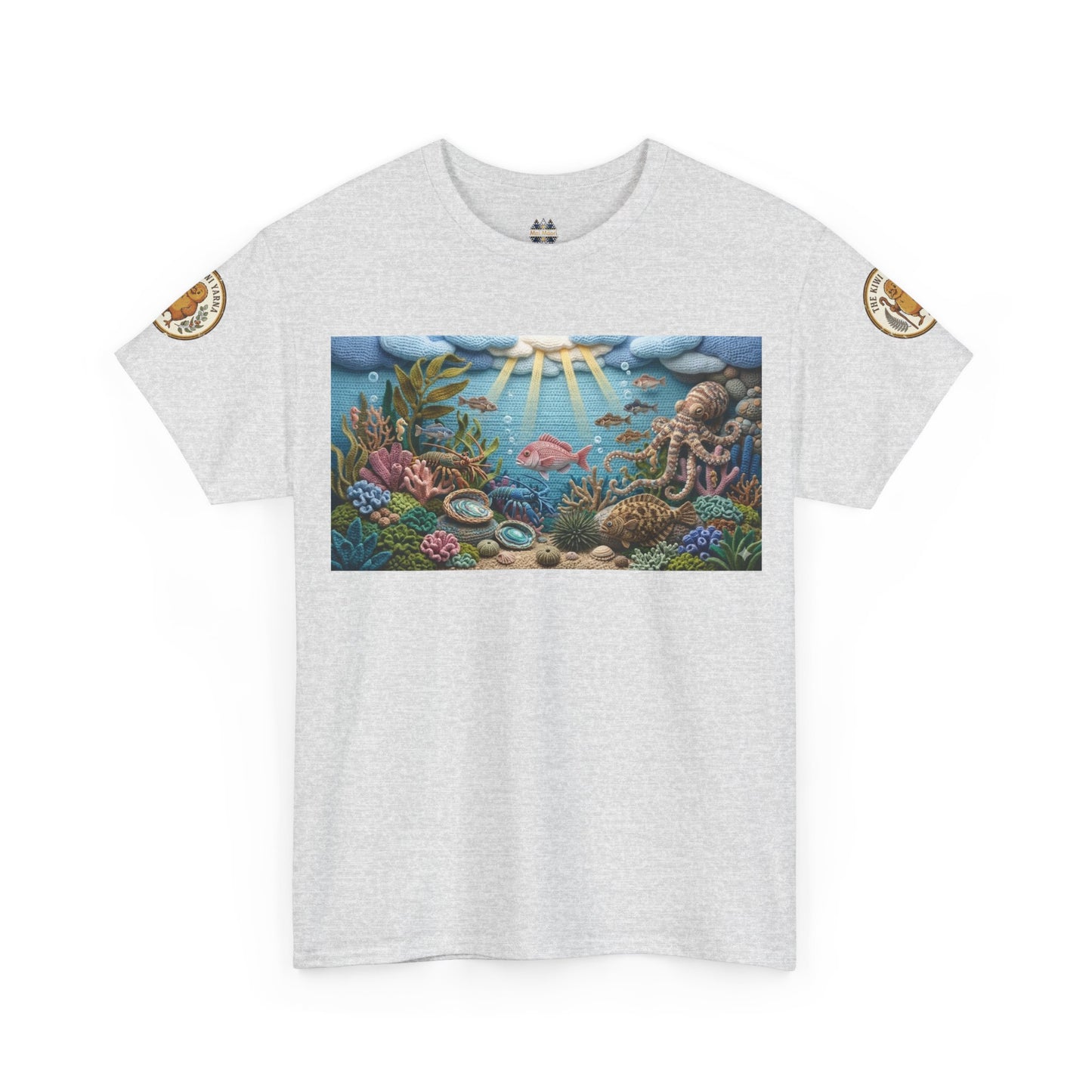 Light gray T-shirt with centered underwater reef graphic panel; small circular arm patches.
