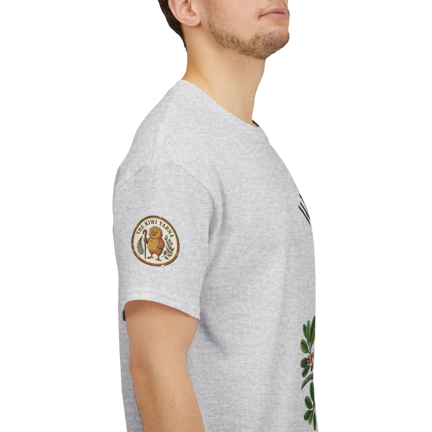 Heather gray T-shirt with circular sleeve logo patch and short sleeves