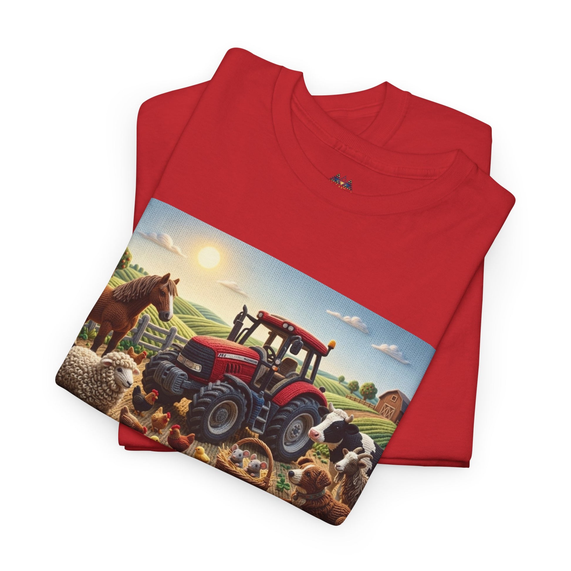 Red crewneck T-shirt with farm tractor and animals photo graphic