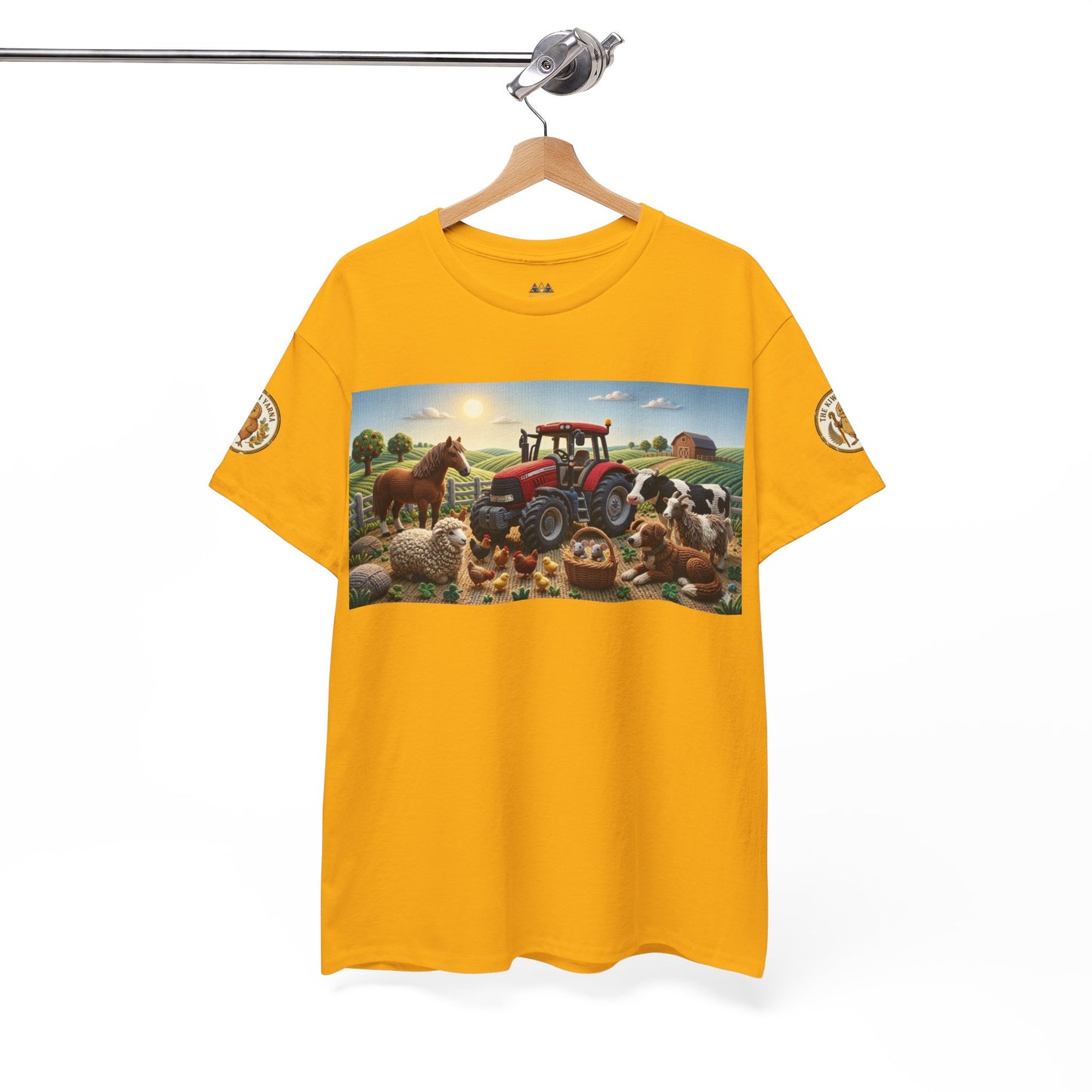 Gold/yellow crewneck T-shirt with centered farm tractor graphic and round sleeve logo.