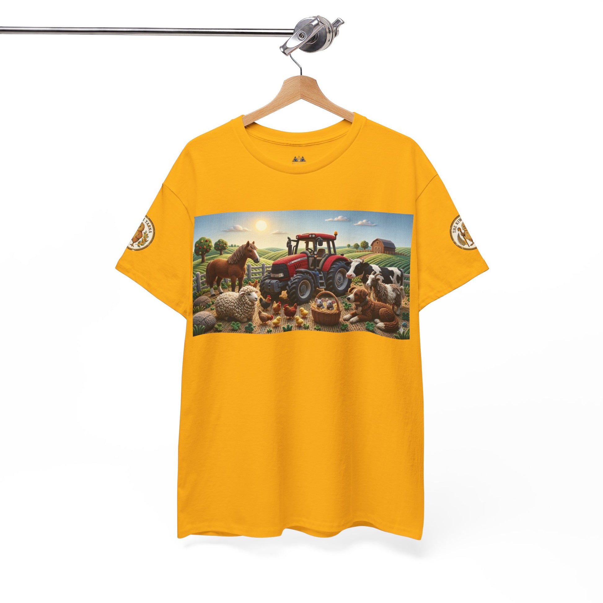 Gold/yellow crewneck T-shirt with centered farm tractor graphic and round sleeve logo.
