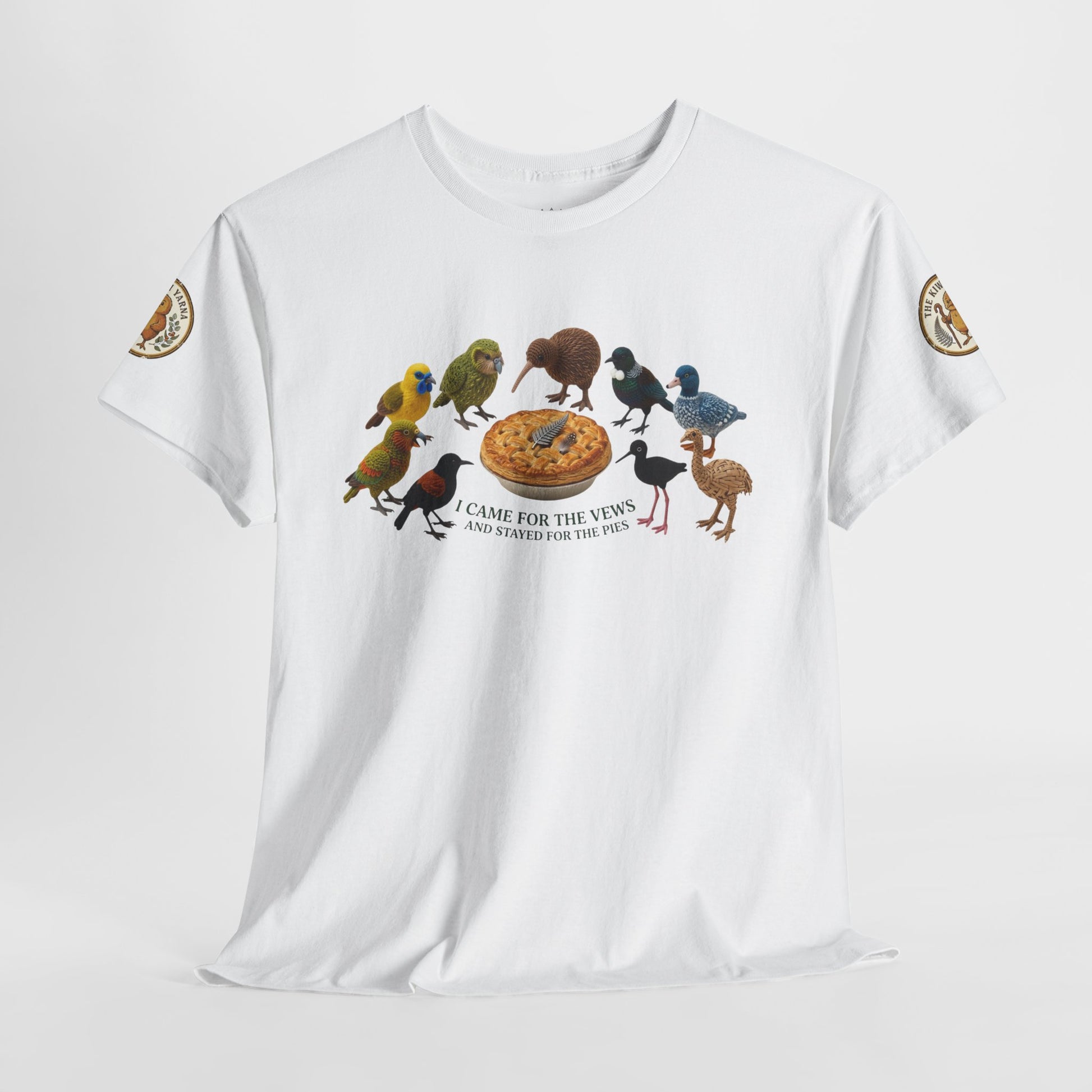 White T-shirt with front graphic of birds around a pizza and “I came for the views” text.